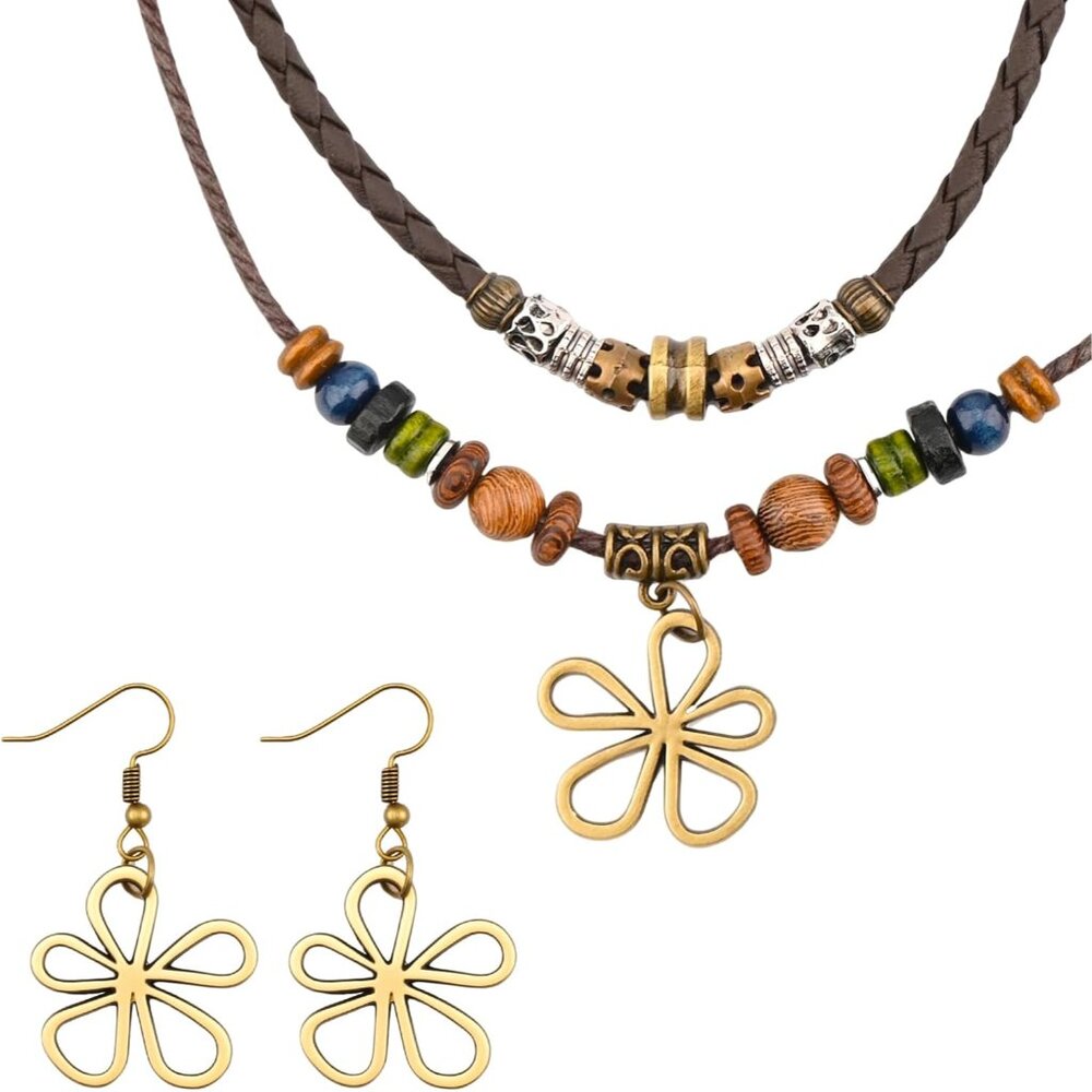 Layered Boho Necklace Earrings Wood Bead Hippie Choker Hollow Flower Charm Bohem